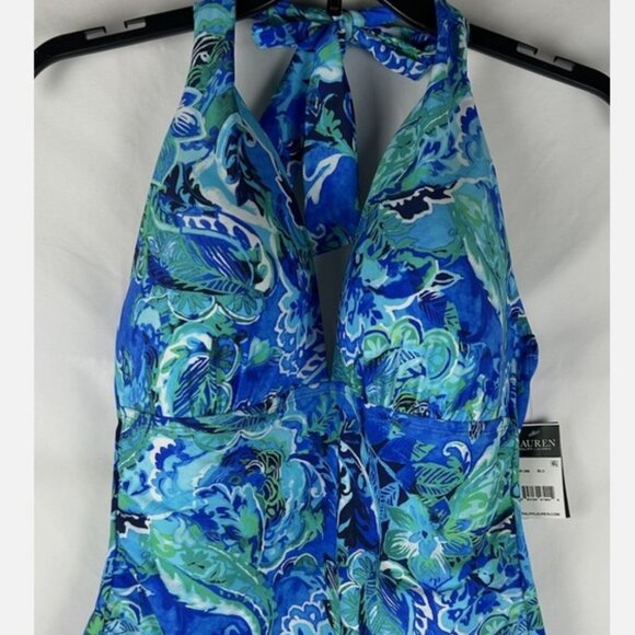 NWT Lauren Ralph Lauren Blue Floral Halter Swim Tankini 14 Plunge No Underwire - Picture 1 of 6